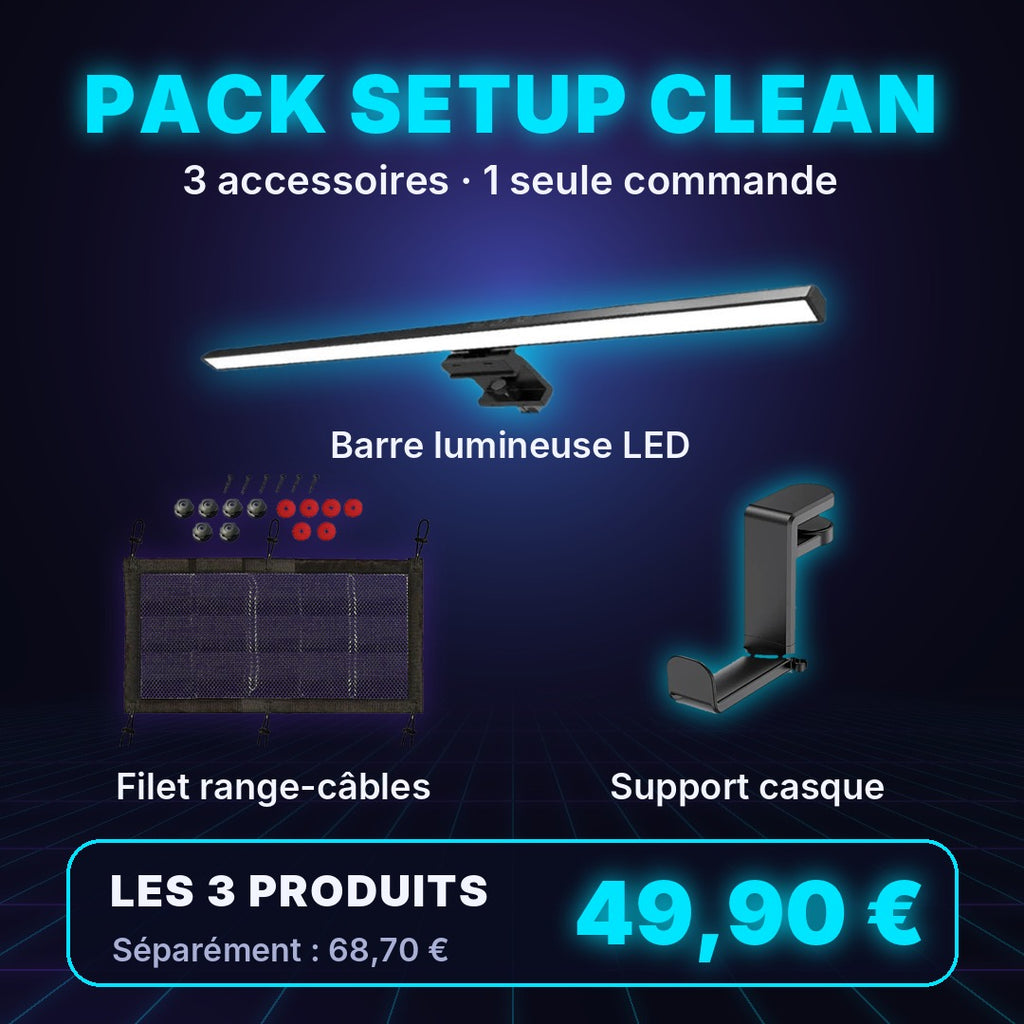 Pack Setup Clean : barre lumineuse LED, filet range-câbles et support casque pour 49,90 €
