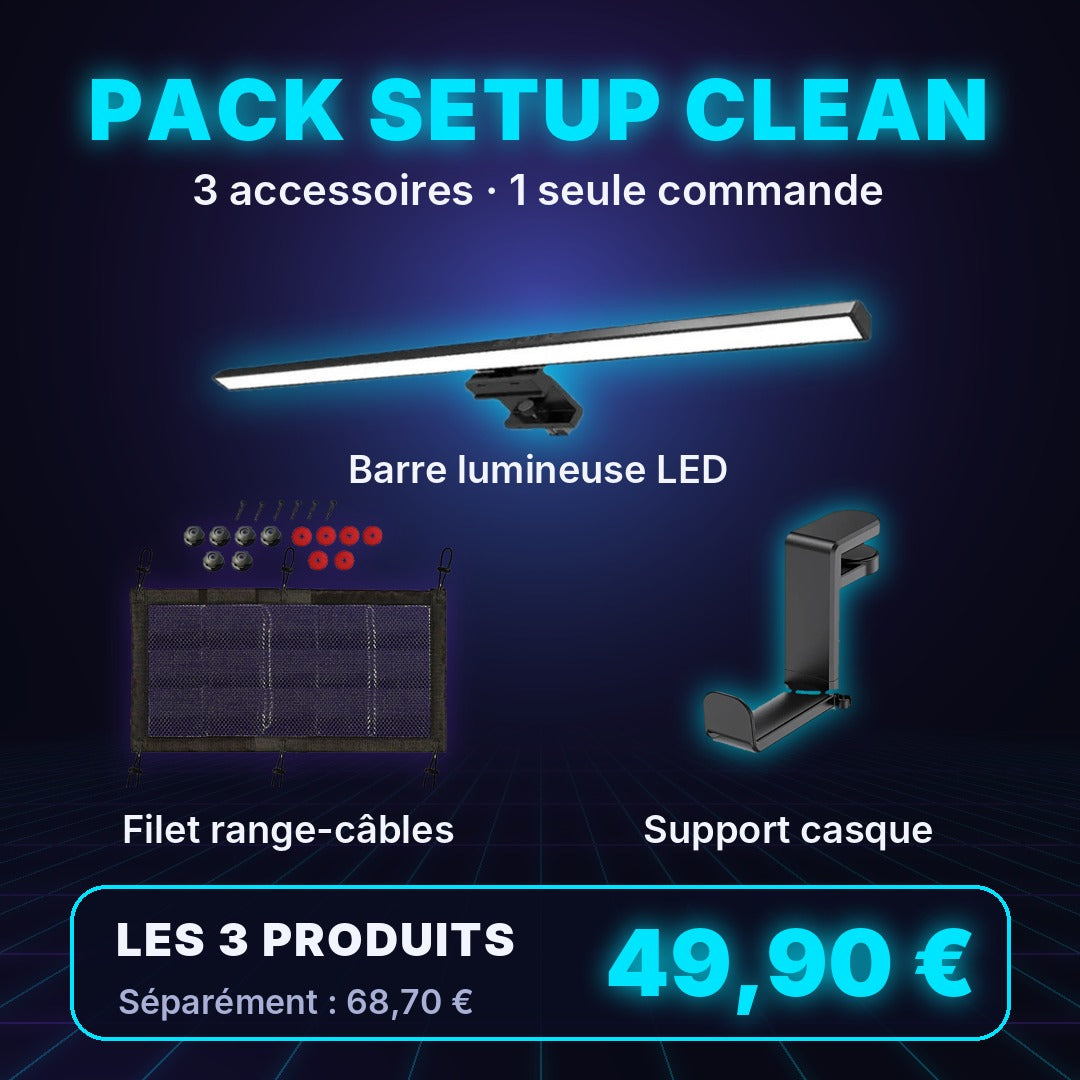 Pack Setup Clean : barre lumineuse LED, filet range-câbles et support casque pour 49,90 €