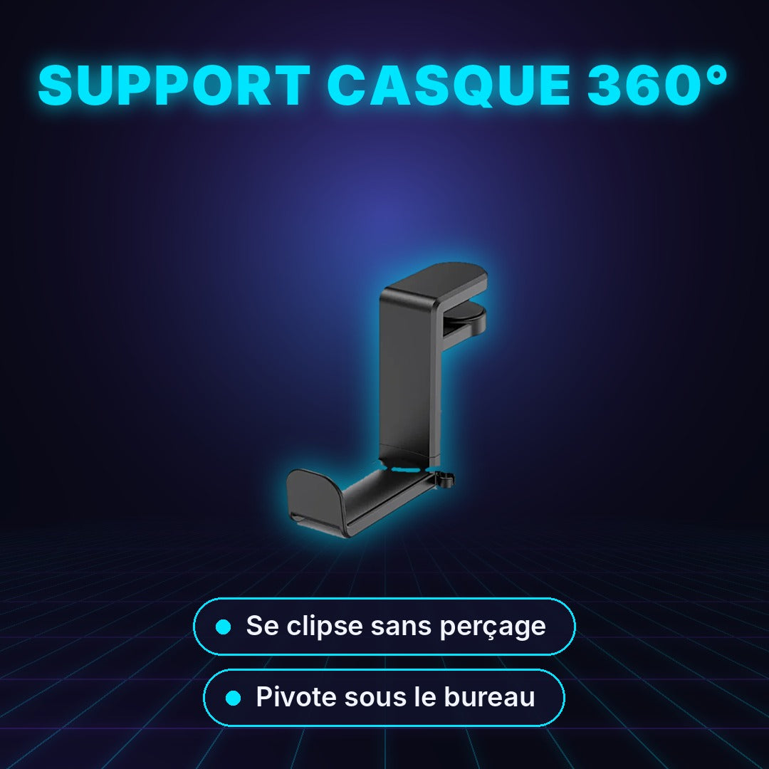 Support casque pivotant 360° à pince, sans perçage